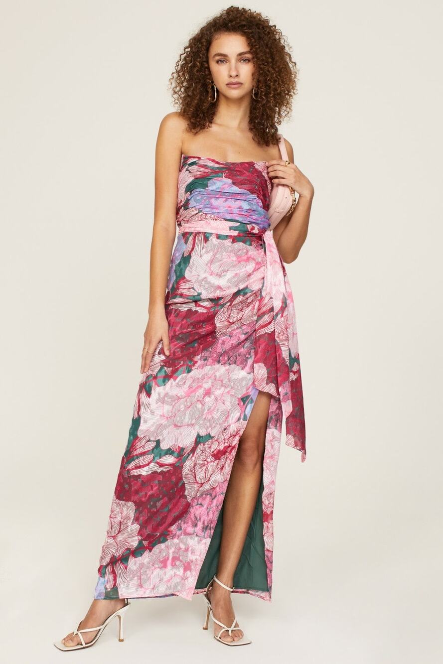 HUTCH Purple Pink Floral Drape Front Strapless Julietta Maxi Gown size 4